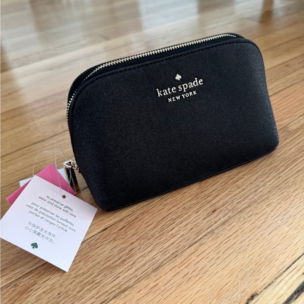 Kate Spade Black Sparkle Glitter Shimmer Holiday Makeup Cosmetics Bag NWT